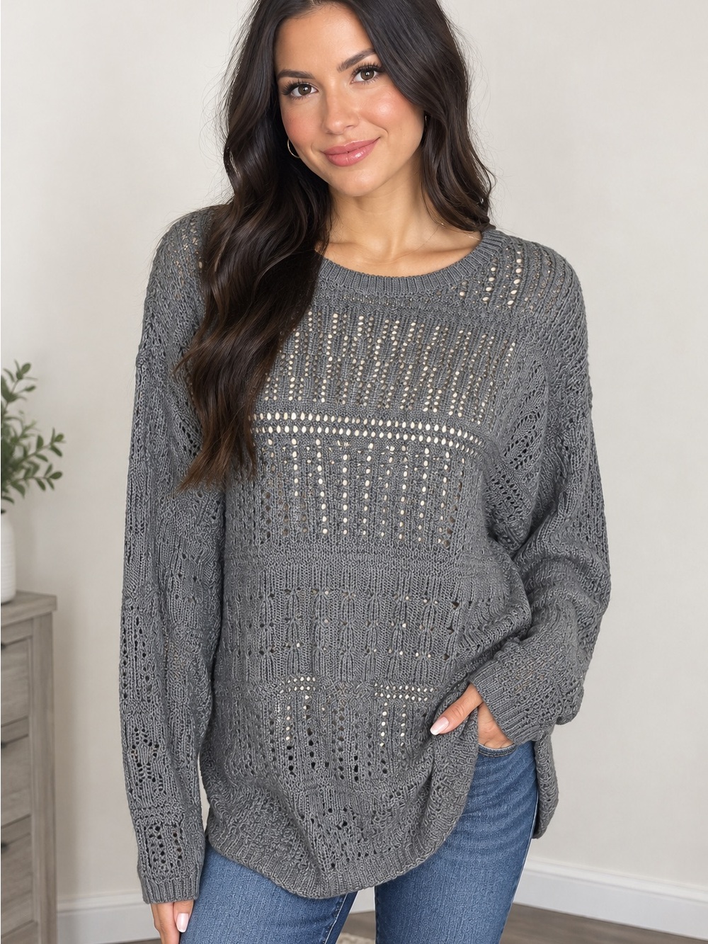 JH Collectibles Gray Open Knit Sweater 100% Cotton Lightweight Pullover Small